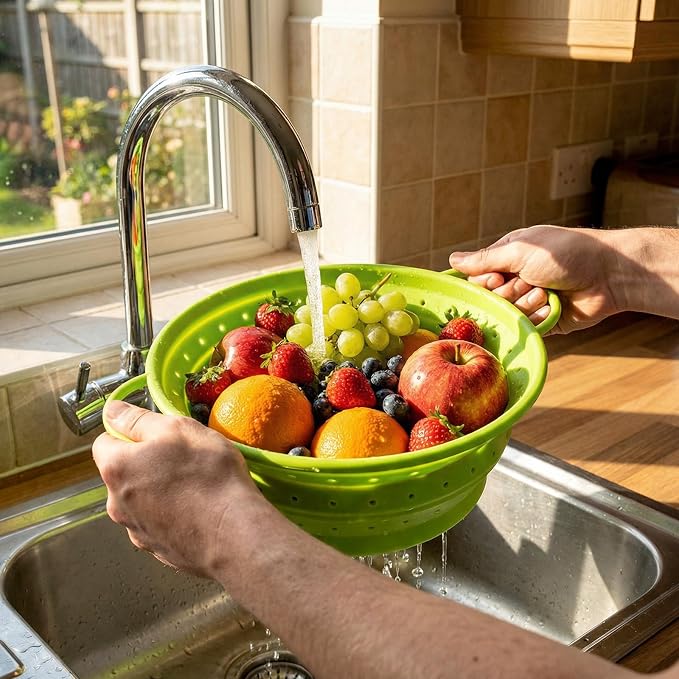 3 Pack Collapsible Colander with Strainer Bowl Set,Green | 11 & 13 In Silicone Colanders for Kitchen, Heat-Resistant Strainer Dishwasher Safe Baskets for Vegetable Fruits