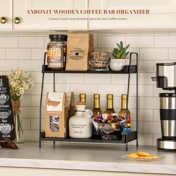 ANBOXIT 2-Tier Coffee Station Organizer, Wooden Kitchen Counter Shelf | for Coffee Bar Accessories, Condiment Storage Caddy for Kitchen, Home, Office - Black