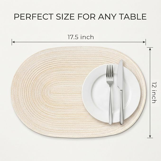 Placemats Set of 8, Woven Oval Braided Dining Table Mats(Beige) | 12 x 17.5 Inch Size Fits Plates and Flatware; Hand Washable and Heat Resistant for Kitchen Use, with Farmhouse and Boho Style