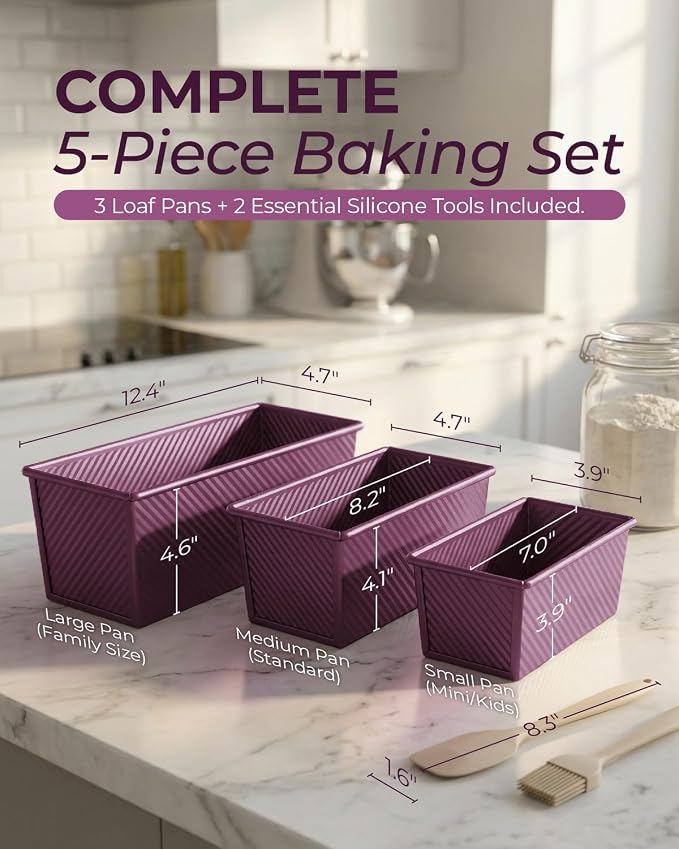 CARTMAN 3-Piece Pullman Loaf Pan with Lid, 2.2/1/0.8 LB Bread Pan, Purple | Includes 2.2/1/0.8 LB sizes & silicone tools, bottom vents, nonstick carbon steel, nesting storage, for bread & brownies
