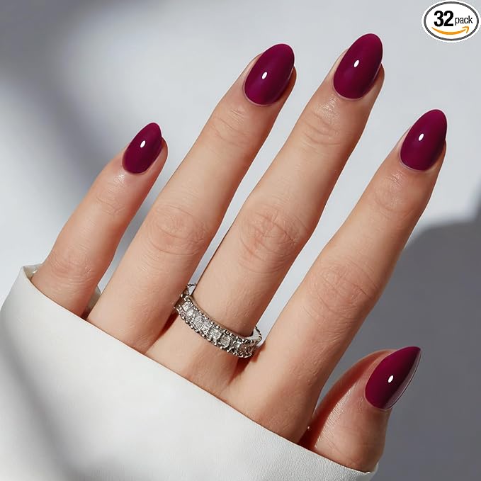modelones Short Press on Nails, Oval Fake Nails Kit Nails Press Ons | with Glue, Adhesive Tabs, Nail File, Prep Pad, Manicure Stick, 32Pcs 16 Sizes, Burgundy, Summer Women Girl Gift
