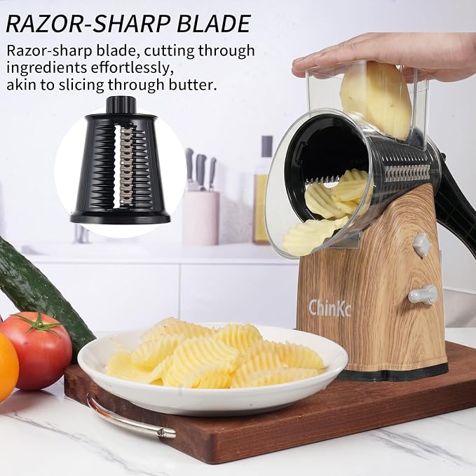 Upgrade Rotary Cheese Grater Shredder with Handle, Strong Suction Base, Multi-purpose Rotary Grater Slicer with 5 Interchangeable Blades for Ice, Vegetables, Fruit, Nuts with Blade Storage Box