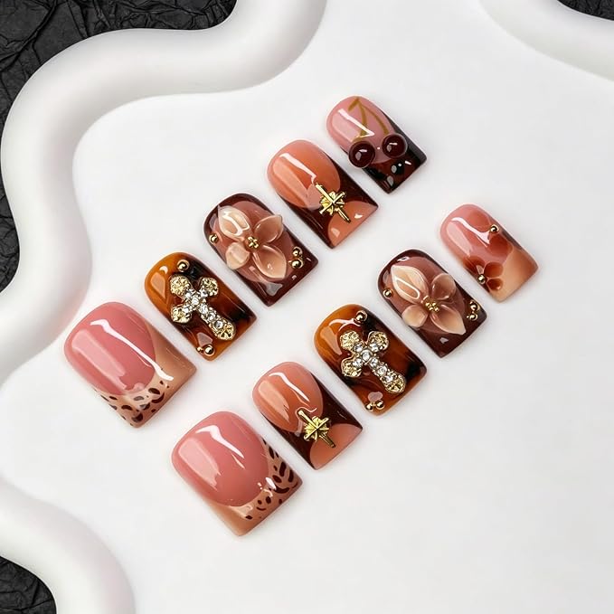 Brown Flower Handmade Press on Nails Short Square 3D Floral & Cherry False Nail Designs Thicked Leopard Print French Tip Fake Nails Full Cover Hand Made Press on Nails for Women (M)