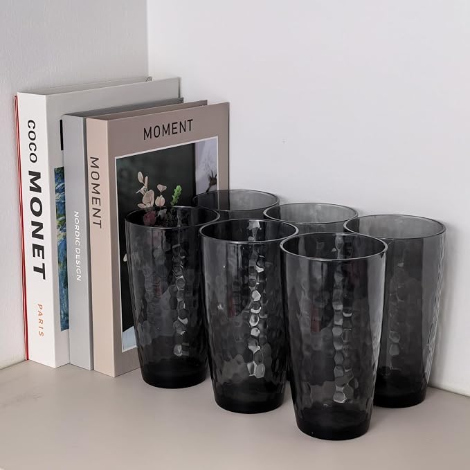 Yalin 20 Ounce Acrylic Drinking Glasses, Reusable Plastic Tumbler, Stackable, BPA-Free, Shatter Proof, Dishwasher Safe, Set of 6 Cups (Gray)