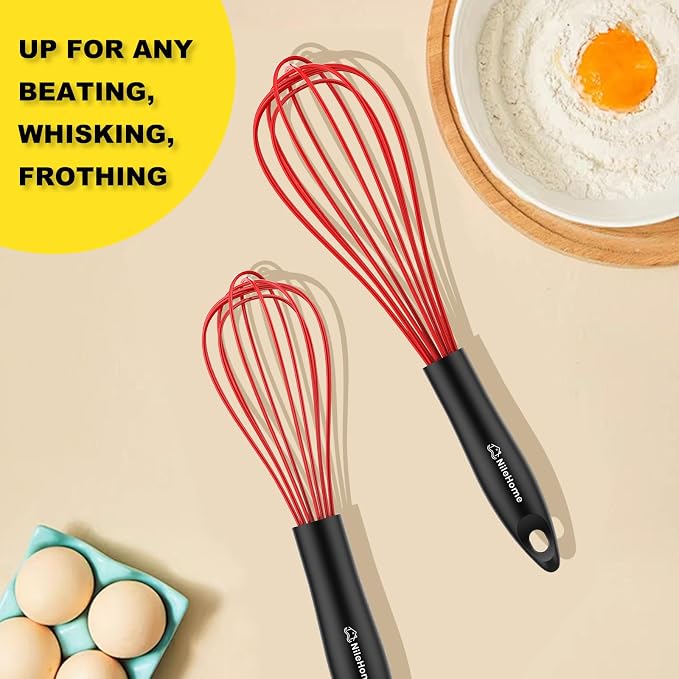 NileHome Silicone Whisk Set 8" 10" 12", 3 Pack Kitchen Whisk Kitchen Wisk Wire Whisks for Cooking, Whisking, Blending, Beating, Stirring-Red
