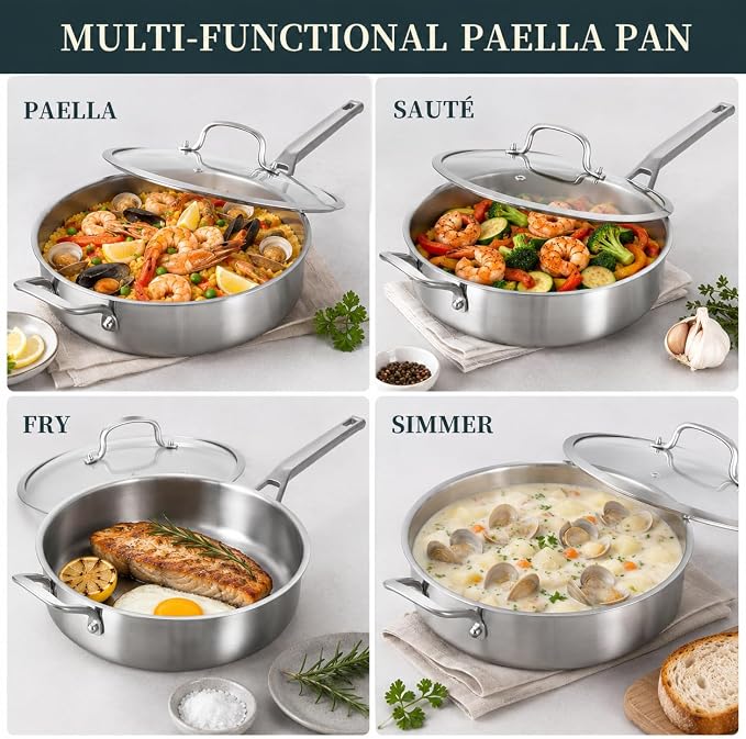 Yeksum Tri-Ply Stainless Steel Saute Pan 7 Quarts, 12 Inch Deep Frying Pan with Lids, 3-layer Large Frying Pan Skillet with Stay Cool Handle, Saute Pan with Lid, Induction Pan, Works on All Cooktops