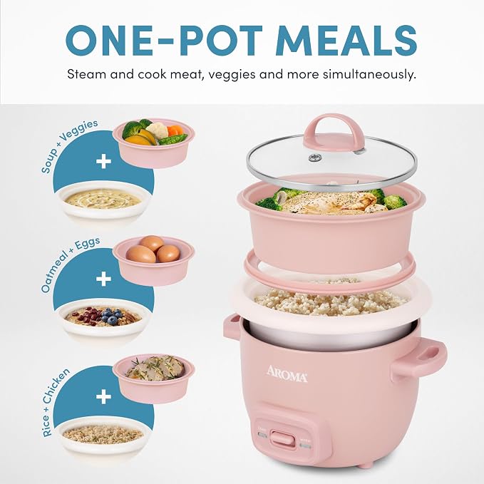 AROMA CoreCoat™ Mini Rice Cooker (3 Cups Cooked) with Nonstick Ceramic Pot Coating, Glass Lid, and Pop-Up Steamer Tray, 0.8 Quart