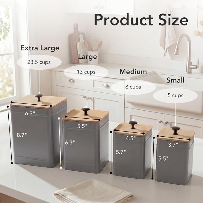 PERFNIQUE Kitchen Canisters, Airtight Canister Sets for Kitchen Counter, Kitchen Canisters for Countertop Set of 4, Coffee Tea Sugar Flour Spice Tin Jars Food Storage Container with Lid(Grey)
