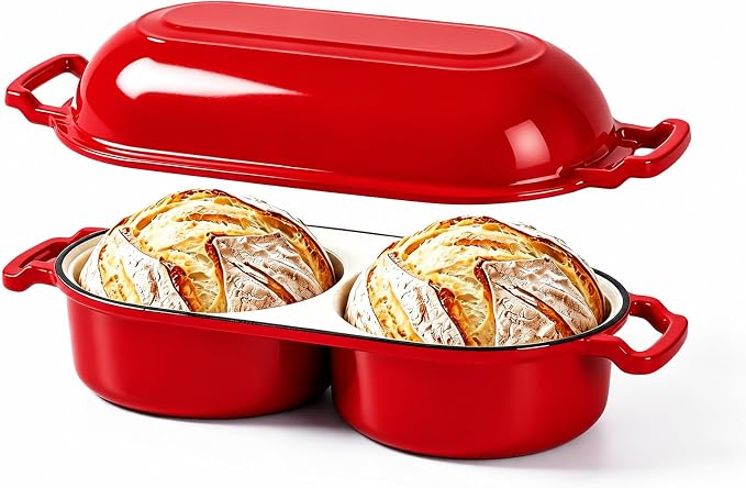 Double Dutch Oven for Sourdough Bread Baking, Enameled Cast Iron Bread Pot with Lid, Double Round Loaf Space, 500F Oven Safe, Non Stick Mini Loaf Pans for Homemade Cake Meatloaf