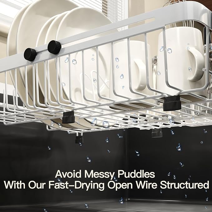 White Dish Drying Rack Over The Sink with Utensil Holder | Expandable Stainless Steel Dish Drainer for Small Kitchen, Apartment, RV, Counter Space Saving, Perfect Fit, Rustproof