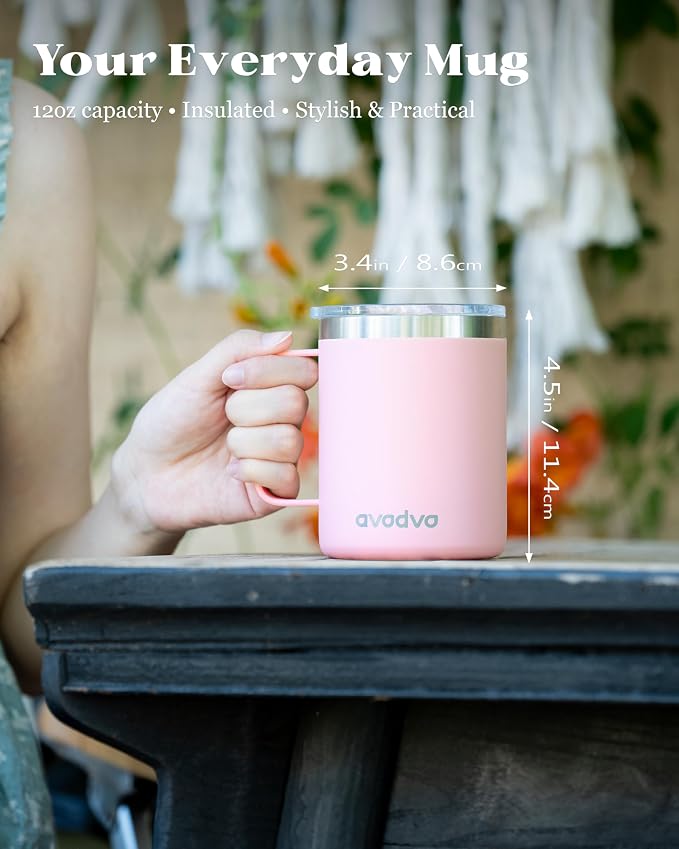 12oz Insulated Coffee Mug with Lid – Includes Two Lids, Stainless Steel Coffee Travel Mug with Handle, Double Wall Vacuum Insulated Camping Mug for Home, Office & Outdoor, Light Pink