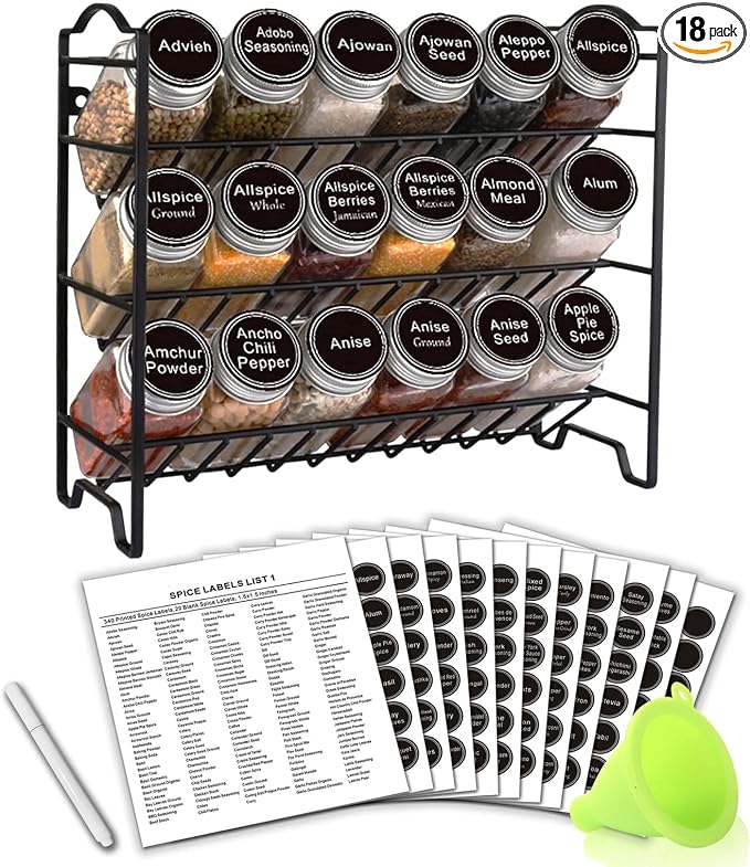 SWOMMOLY Spice Rack Organizer with 18 Spice Jars 4 oz, 396 Spice Labels | Chalk Marker, Funnel Set, Spice Organizer for Cabinet, Countertop, Pantry, Cupboard & Wall Mount, 11.2" W × 9.9" H, Black