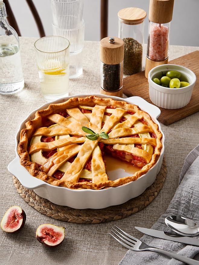 Samsle Ceramic Pie Pan For Baking,13Inch Round Baking Dish With Double Handle,Pie Plate With Ruffled Edge-Microwave, Dishwasher, and Oven Safe
