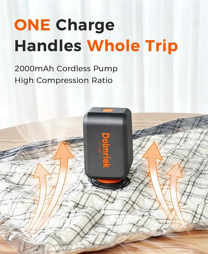 12-Pack Vacuum Seal Bags for Clothing Travel with Cordless Pump | Vacuum Storage Bags for Clothes with 4000Pa Suction, 2400mAh Rechargeable Pump, Carry-On Packing for Luggage and Suitcases