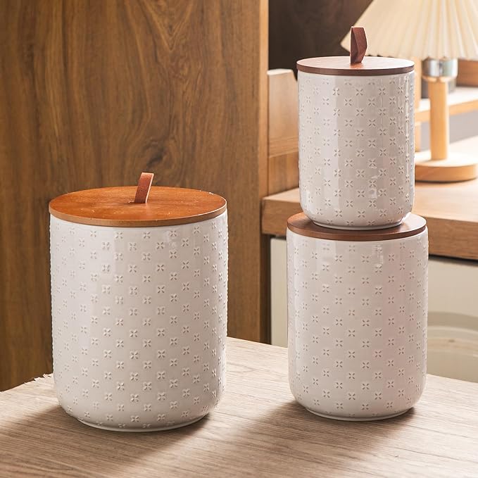 Mowtanco Embossed Ceramic Canister Set with Airtight Bamboo Lid | 30/48/82 oz White Ceramic Kitchen Jar Set, Countertop & Pantry Organization for Coffee, Sugar, Flour, Tea & Snacks
