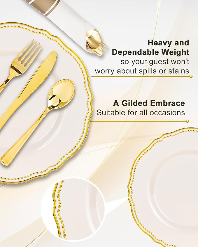 175 Pcs Ivory Gold Plastic Plates Wedding & Party | Gold Plastic Dinnerware Set Includes 25 Dinner Plates, 25 Dessert Dinnerware, 25 Cups, 25 Napkins Perfect