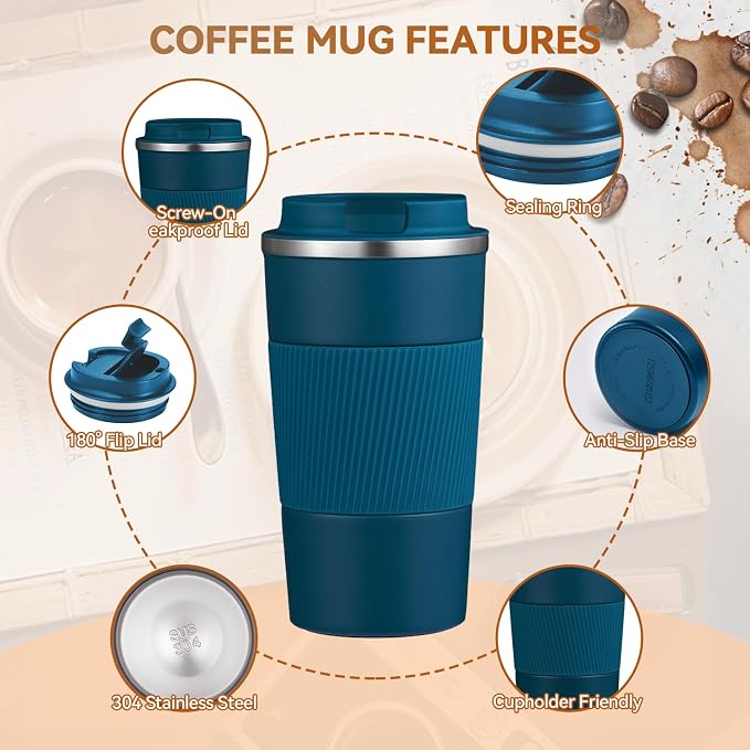 17OZ Travel Coffee Mug Insulated Coffee Cup with Spill Leak Proof Lid, Portable Stainless Steel Tumbler Reusable Hot and Cold Water Mug for Car, Daily, Camping- Blue
