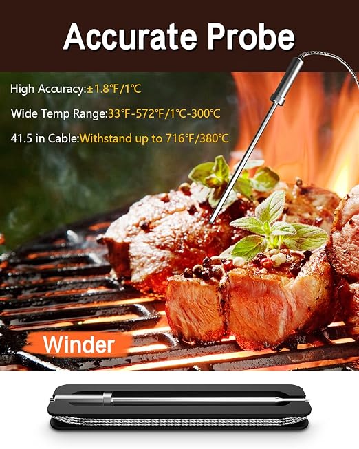 BFOUR Meat Thermometer Wireless Bluetooth, LCD Digital Meat Thermometer with Dual Probe, Wireless Remote BBQ Thermometer for Smoker Kitchen Cooking Grill Thermometer for Grilling BBQ Oven