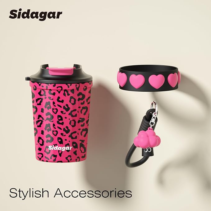 SDGA+ 12 oz Travel Coffee Mug Spill Proof Leak Proof, Stainless Steel Thermal Coffee Cup with Lid, Resuable Cup for Hot and Cold, Portable Tumbler for Women, Pink Leopard