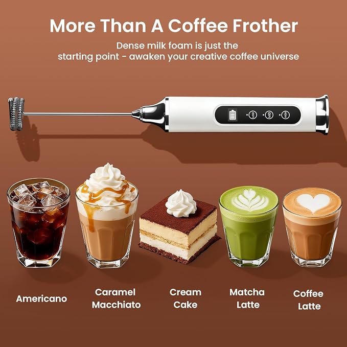 YUSWKO Milk Frother Wand for Coffee with Stand, Coffee Frother Handheld | Rechargeable Drink Mixer Wand, Waterproof Electric Whisk for Protein Powder, Lattes, 3 Variable Speeds 3 Whisks, White