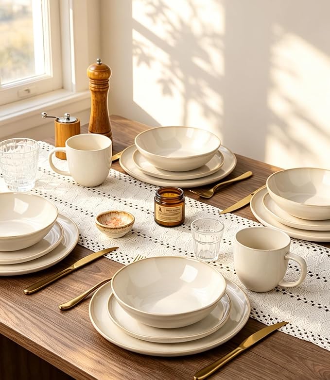 GBHOME Stoneware Dinnerware Sets for 8,24 Piece Rustic Plates and Bowls Set | Earthenware Handmade Reactive Glaze Plate Sets, Chip Resistant Ceramic Dishes, Microwave & Dishwasher Safe, Vanilla Cream
