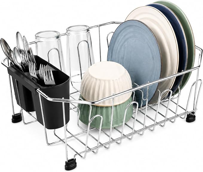 Yelocota in-Sink Dish Drying Rack:Premium Rust Resistant Stainless Steel Dish Drainer with Removable Utensil Holder & Cup Hooks,Space Saving Dish Drainers for Kitchen Sink,RVs,Apartments