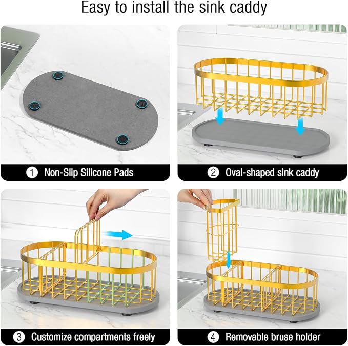 Sink Caddy Kitchen Sink Organizer, Sponge & Brush Holder, Stone Drying Mat | Space-Saving Sink Sponge Holder with Full-Size Tool Storage, Fits Most Sinks, Kitchen Sink Accessory and Countertop Organizer