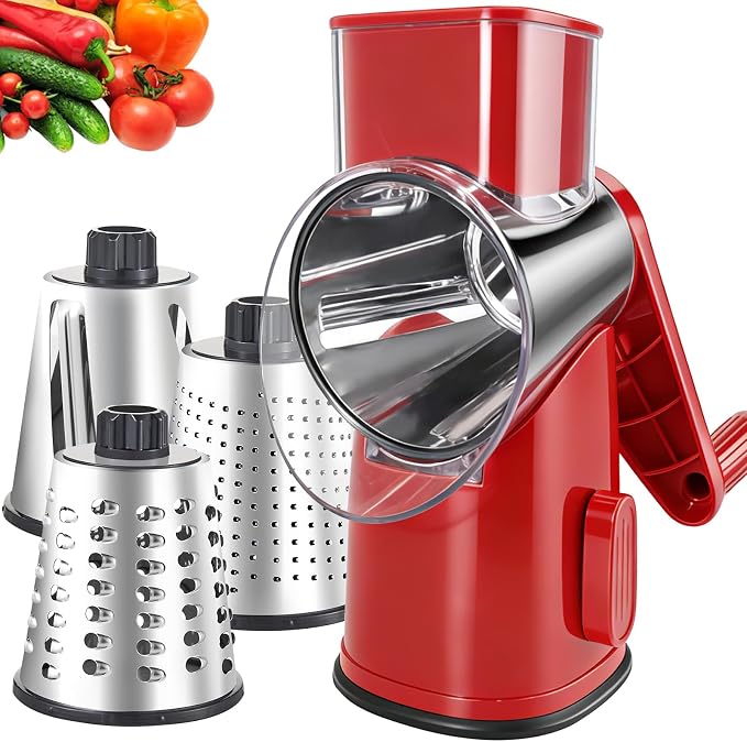 Weltonhm 4 in 1 Large Rotary Cheese Grater Hand Crank (red, 3 Graters) | Cheese Shredder Rotary and Slicer with 4 Stainless Steel Blades for Vegetables, Veggie and Cheese, Stronger Suction Base
