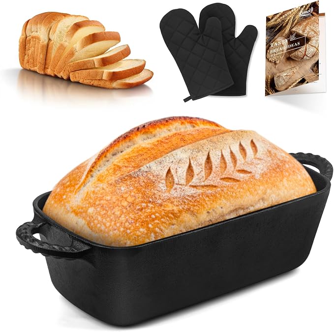 Cast Iron Loaf Pan 9.5x5 Inch, Pre-Seasoned Bread Baking Pan | Crispy Golden Crusts, Even Heat Distribution, Oven Mitts & Recipe Book Included, No Lid