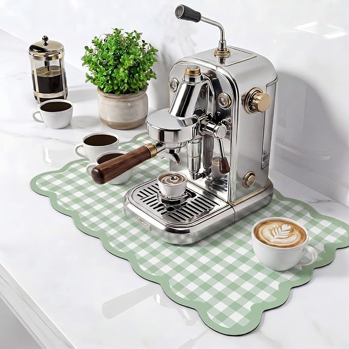 Green Scalloped Gingham Coffee Mat 12" x 20" Absorbent Bar Mat | Gingham Espresso Matt with Non Slip Rubber Backing for Coffee Countertops