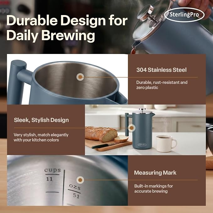 SterlingPro Large Insulated Stainless Steel French Press Coffee Maker 51oz Capacity (44 oz Brew Yield) – Double Wall Metal Coffee Press | Plastic Free | Cool-Touch | Blue Finish | 12 Cups / 6 Mugs