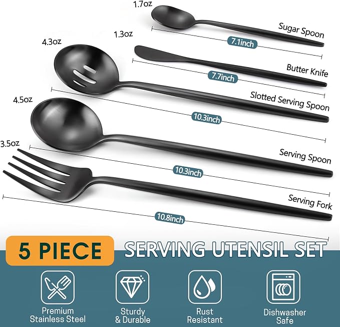 Black Serving Utensils Set, 5pc Stainless Steel Serving Spoons | 10.8in,matte black,serving spoons set for parties,buffet serving utensils,black flatware for elegant serving,dishwasher safe