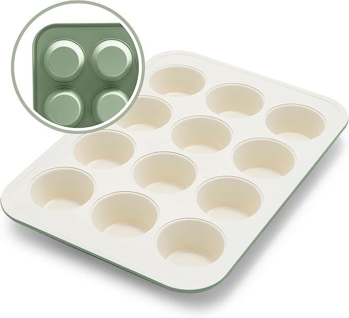 GreenLife 12-Cup Muffin Pan, PFAS-Free Healthy Nonstick Baking Tray, 11.4" x 1.9" x 15.9", Durable Ceramic Bakeware, Cupcakes, Egg Bites, Tarts, Brownies, Sage