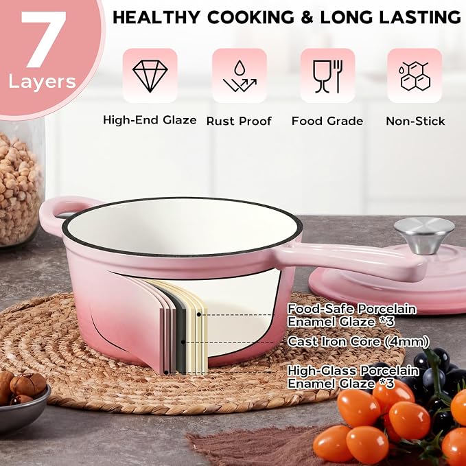 Onader 1QT Enameled Cast Iron Saucepan with Lid, Small Sauce Pan, Enamel Cast Iron Dutch Oven Cooking Kitchen Pot, Nonstick – Pink