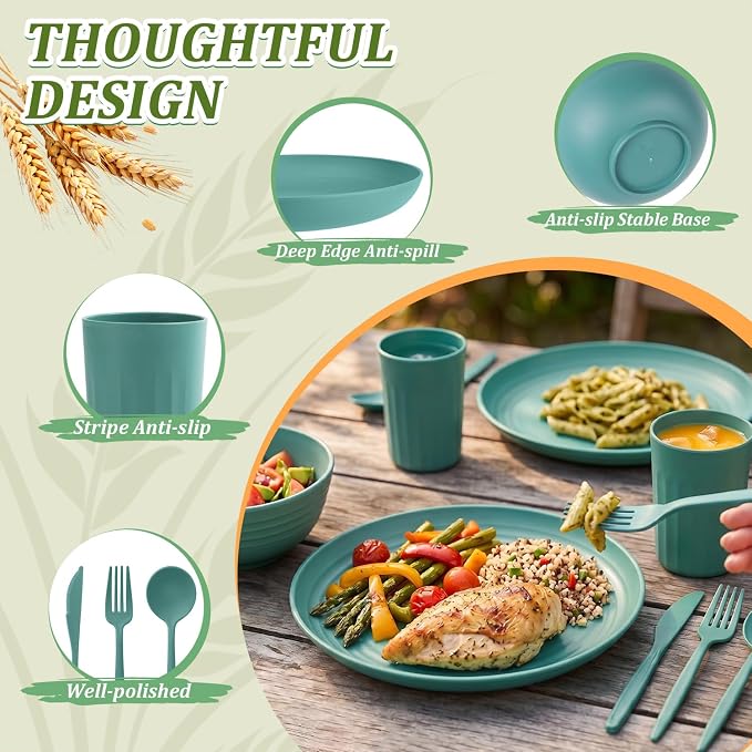 Wheat Straw Plates and Bowls Sets 28 PCS,Chip Resistant Dinnerware Sets for 4,Microwave Safe Dish Sets, Stackable and Lightweight Cup Set, Cutlery Set for Kitchen,Outdoor,Camping(Green)