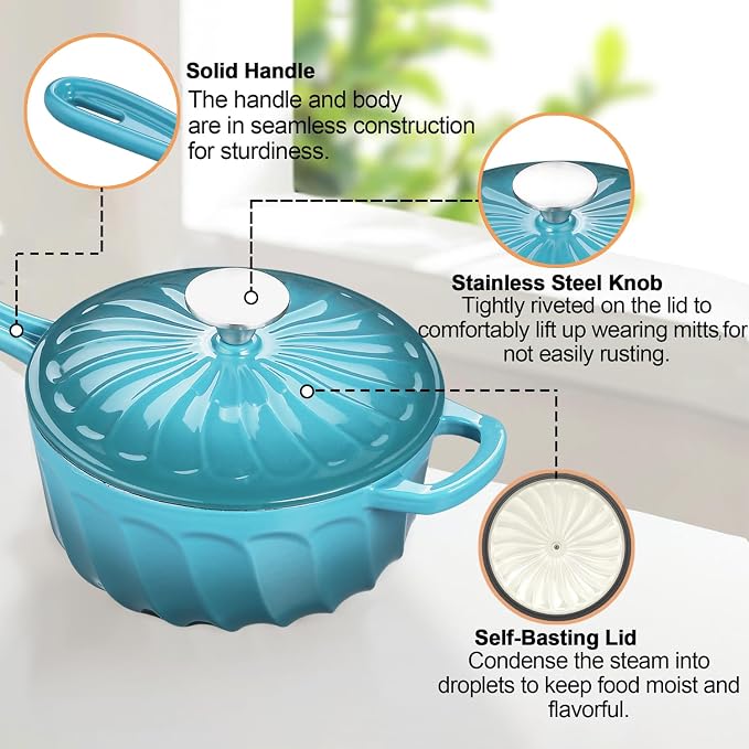 Enameled Cast Iron Sauce Pan with Lid, 2 Quart Saucepan with Lid | Dutch Oven with Lid, Small Cast Iron Pot for Cooking Pasta, Soup, Milk, Induction & Oven Safe Up to 500°F, Blue-green