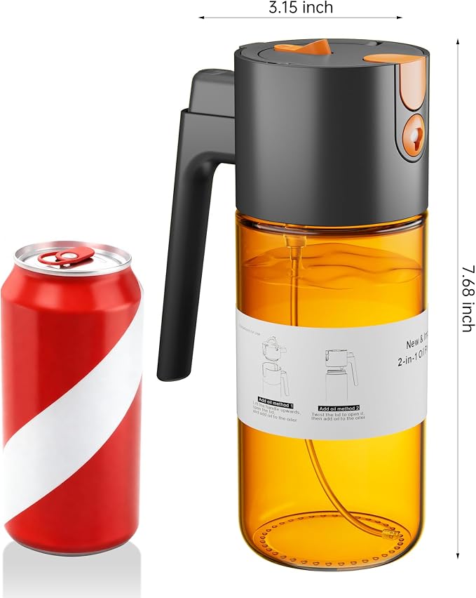 Olive Oil Sprayer & Dispenser Bottle for Cooking 17oz Dark Glass Oil Mister | 2-in-1 Sprayer & Pourer, Fine mist, Leakproof, Light-Blocking, Wide Mouth for Easy Refill & Clean, 8 Oil Labels, Reusable