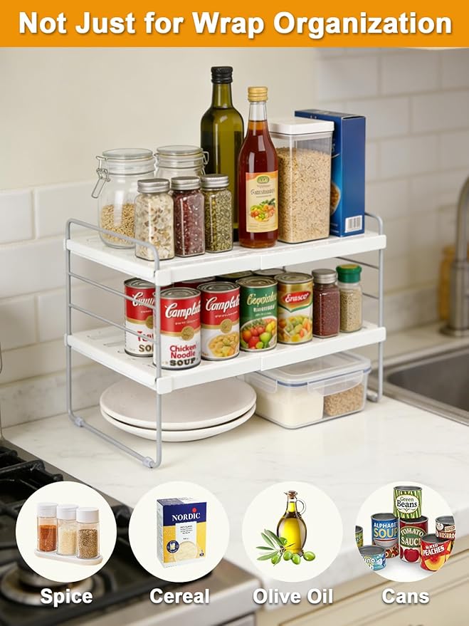 JUPELI Foil and Plastic Wrap Organizer, Expandable Kitchen Pantry Storage, Height Adjustable Cabinet Rack for Kitchen Organization, Aluminum Foil -3 Tier 9.8" to 15.6"L