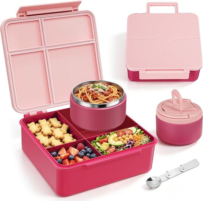 Bento Lunch Box Set for Kids with 8 oz Soup Thermo, Leakproof Hot Food Container with 4 Compartments, Insulated Food Jar for Toddler Daycare Boys Girls School - Pink