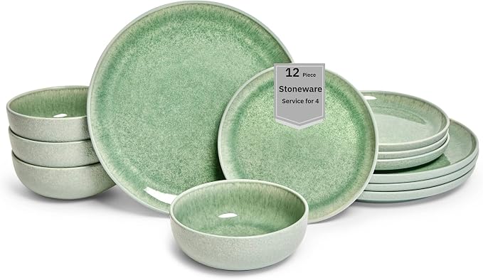 Sango Asher 12-Piece Stoneware Dinnerware Set for 4, Green Ceramic Plates and Bowls Sets, Modern Dish Set with Reactive Glaze, Durable Kitchen Dishes for Casual Dining, Microwave & Dishwasher Safe