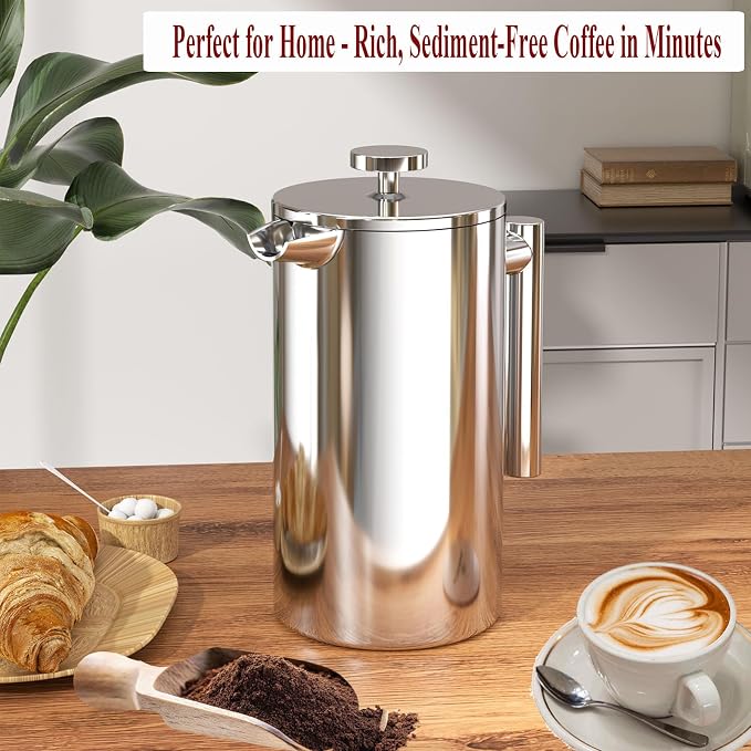 Stainless Steel French Press Coffee Maker - Portable Cafetiere 3 Cup Espresso Coffee Press - Double Wall Insulated, Triple Mesh Filter - Perfect for Home, Office, Camping & Travel (20 Oz)