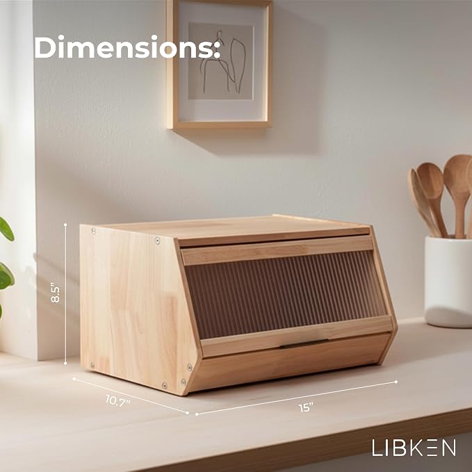 Bread Box – Durable Wooden Bread Bin with Secure Plastic Lid, Scandinavian-Inspired Design for Kitchen Countertop – Stylish Storage for Bread & Pastries