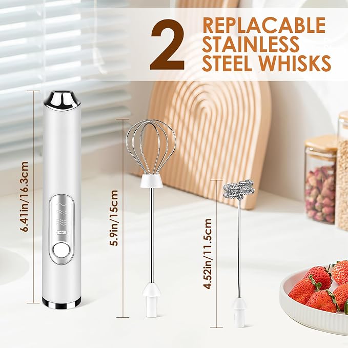 Handheld Milk Frother, Rechargeable Milk Frother, Coffee Mixer Wand, White | Electric Drink Mixer with 2 Stainless Steel Whisks 3 Speeds, Frother Wand for Latte, Cappuccino, Matcha, Hot Chocolate, Egg