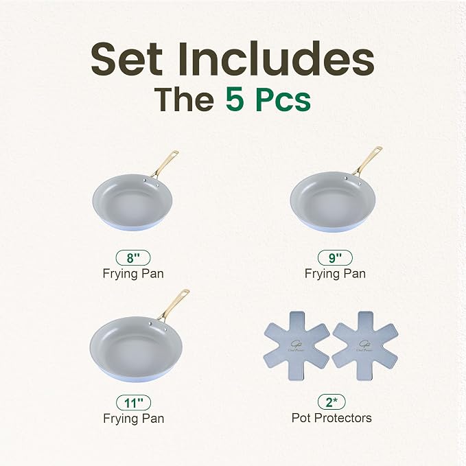 Ceramic Frying Pan with Stainless Steel handle 5Pcs Set, Non Stick Grill Pan Set, Dishwasher and Oven Safe, Blue Gray and Granite Grey