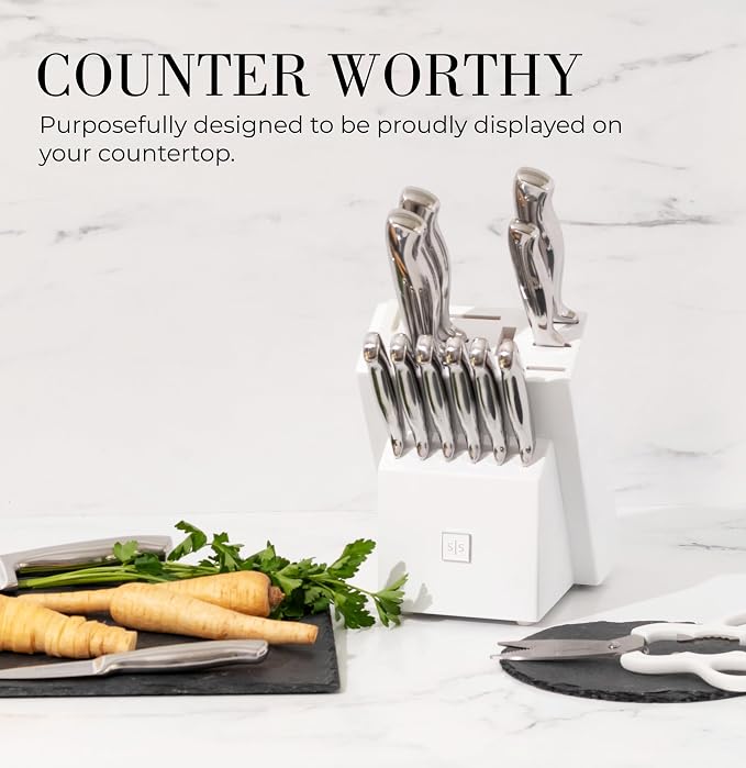Styled Settings Stainless Steel Knife Set with Built In Sharpener, 14-Piece | Ultra Sharp, High Carbon Stainless Steel Kitchen Knife Set Includes White Knife Block with Sharpener Built In