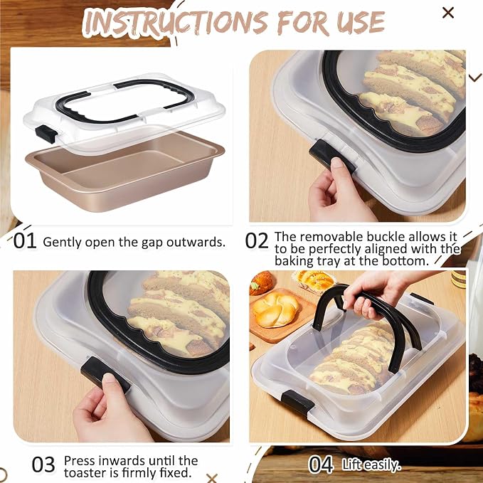 Qinyoung 4 Pcs Gold Cake Pan with Lid and Handle, 9 X 13 Inch | Non-stick, Rectangle Sheet Cake Pan, Covered Carrier, Brownie Roasting, Cooking, Baking