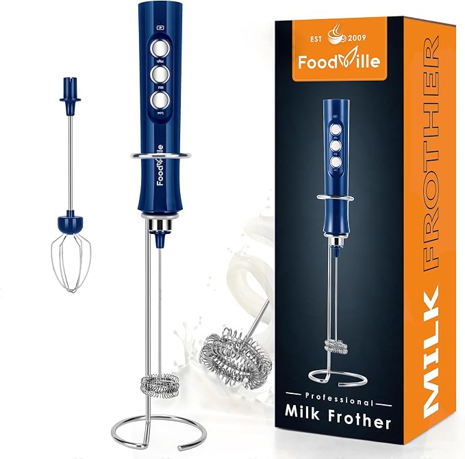MF02 Rechargeable Milk Frother Handheld Foam Maker with Stainless Whisk for Cappuccino, Latte, Bulletproof Coffee, Keto Diet, Protein Powder, Matcha (Classic Blue)