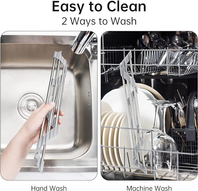 Tomorotec Triangle Roll-Up Dish Drying Rack for Sink Corner Small Foldable Stainless Steel Over The Sink Multipurpose Kitchen Drainer Caddy Organizer Storage Space Saver Shelf Holder (Gray) | BPA-Free Food-Grade Silicone Edges Foldable Waterproof Rustp...