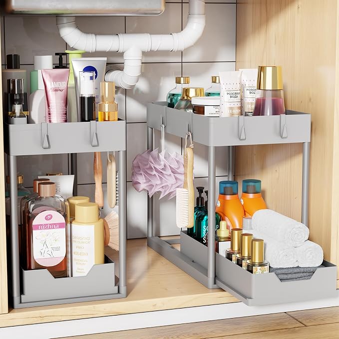 Simple Trending Under Sink Organizer 2 Pack, with Sliding Drawer, Grey | 2-Tier Multi-Use Under Shelf Organizer with Hooks, Sink Pull-Out Sliding Storage Cabinet for Kitchen Bathroom, Easy Assembly