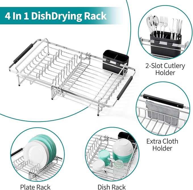 Urackify Expandable Stainless Steel Dish Drying Rack, 13-18 Inch | Expandable design in sink dish rack . Stainless steel with utensil holder, ample storage capacity ideal for small kitchens.